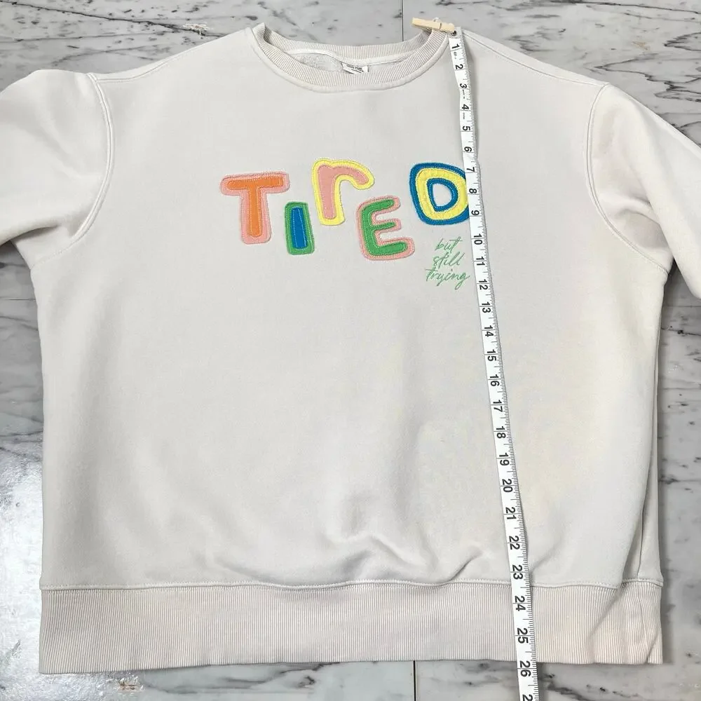 SEE THE WAY I SEE “Tired” Appliqué Sweatshirt Medium Oversized Beige Crewneck - Picture 8 of 10